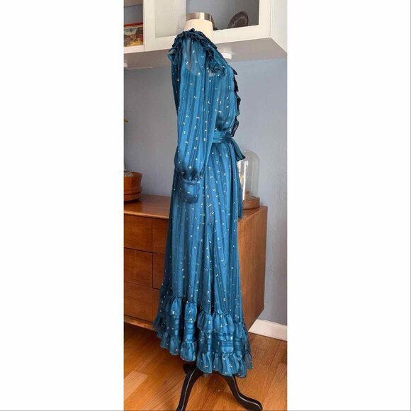 MISA Gabriella Asymmetric Striped Wrap Midi-Dress Chiffon Ruffles - Picture 4 of 12